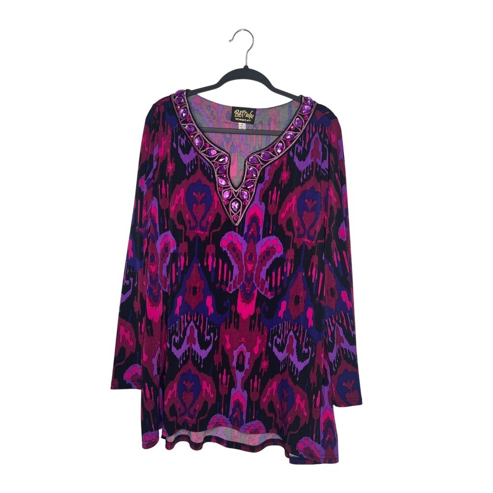 Bob Mackie Wearable Art XL Long Sleeve Patterned Tunic With Beaded Neckline